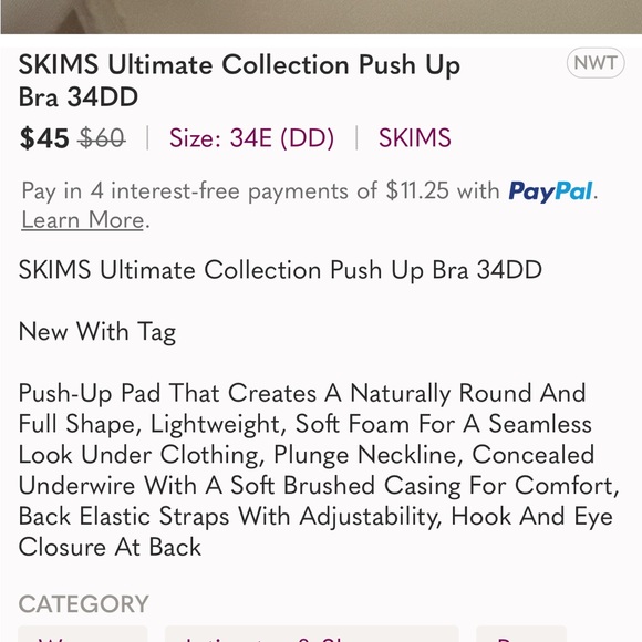 SKIMS Ultimate Collection Push Up Bra 34DD - Picture 3 of 3